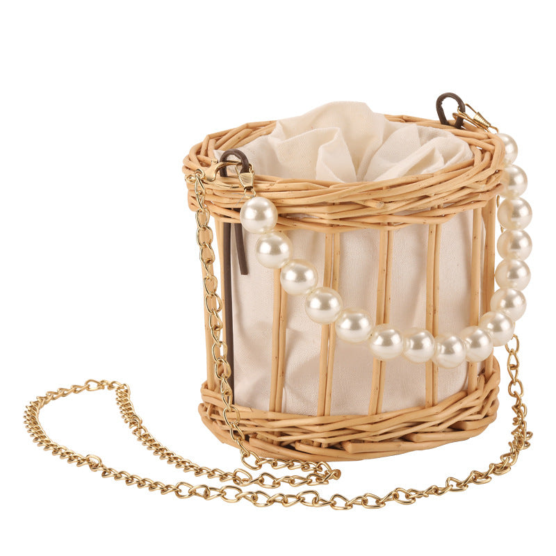 Ladies Stylish Basket Bag with Pearl Accents Bowlift