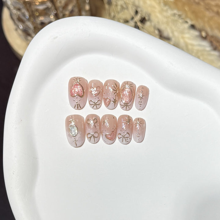 Decorative Press-On Nail Art Set with Heart and Glitter Accents Bowlift