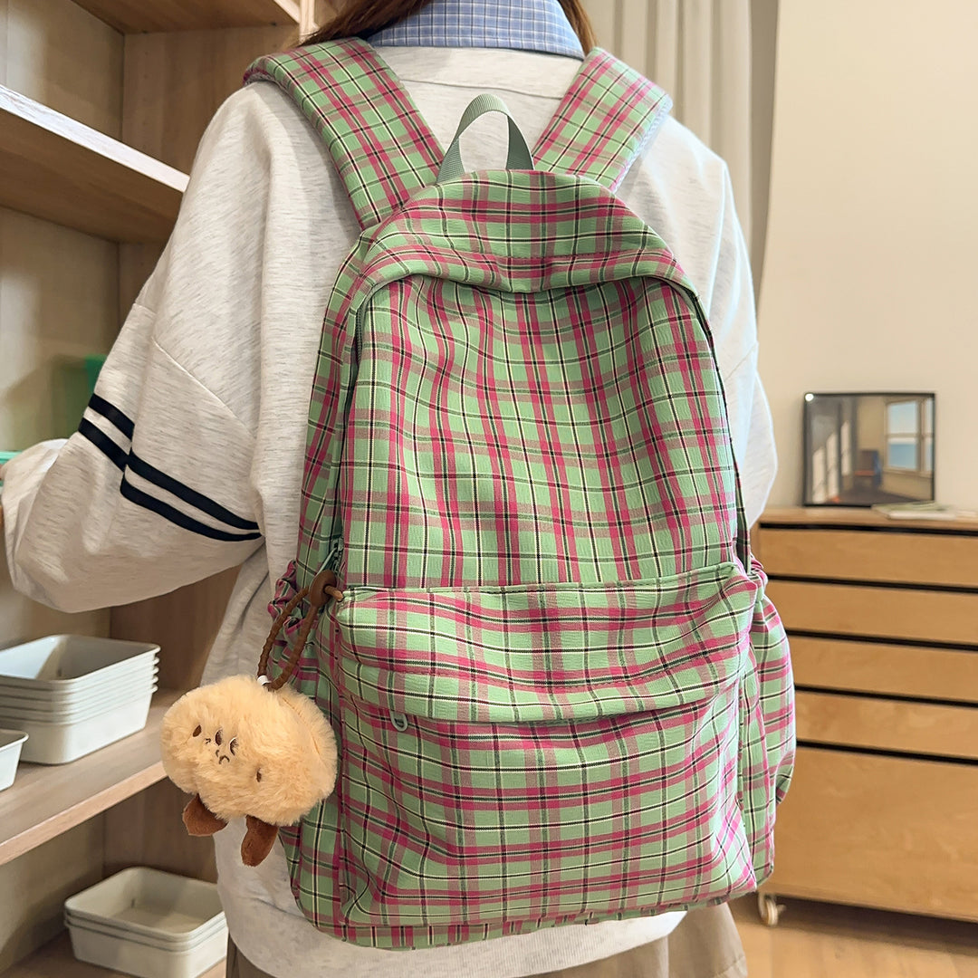 Backpack with Practical Check Pattern and Cute Plush Pendant Bowlift