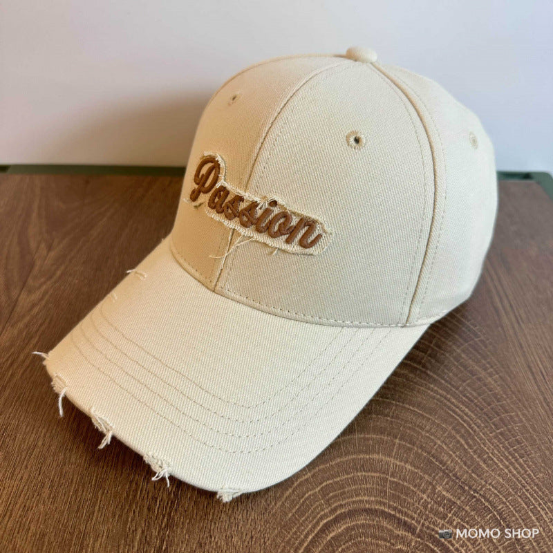 Women's Distressed Cotton Baseball Cap with Embroidered Quote Bowlift
