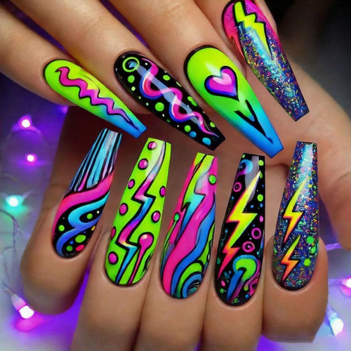Creative artificial nails with vibrant neon design Bowlift