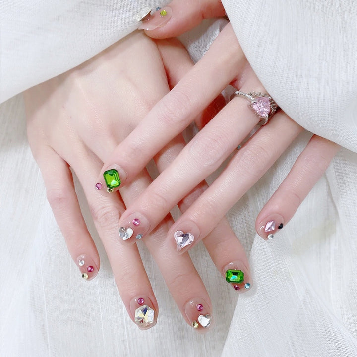 Acrylic nail set with sparkling 3D applications and beautiful heart designs Bowlift