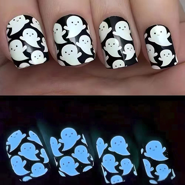 Glow-in-the-Dark Ghost-Themed Press-On Nail Art Bowlift
