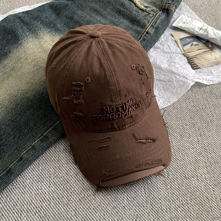 Distressed Baseball Cap with Unique Embroidery
