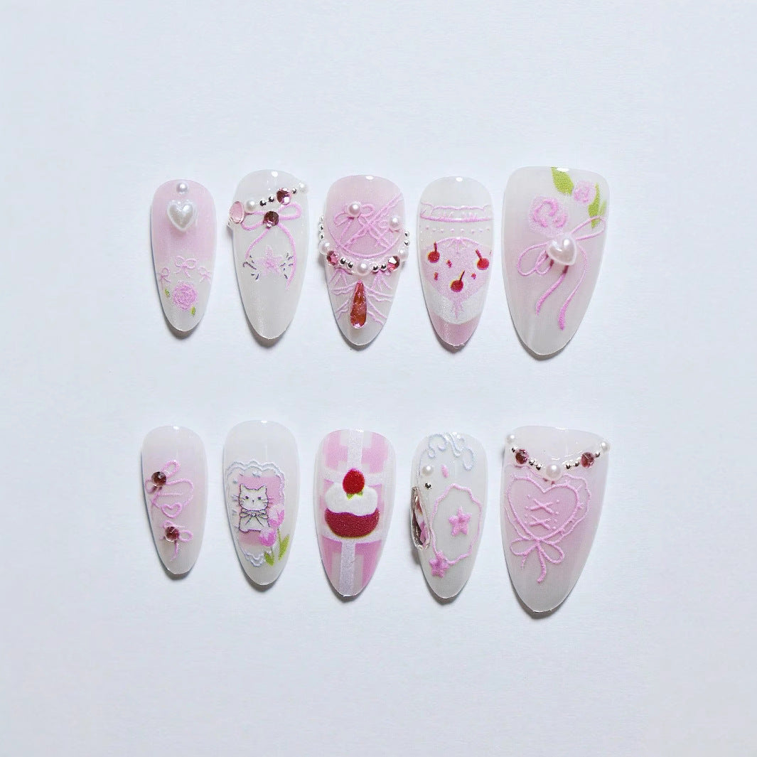 Artistic Heart-Embellished Press-On Nail Set Bowlift