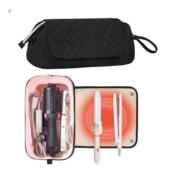 Cosmetic organizer bag with pre-made space for styling tools Bowlift