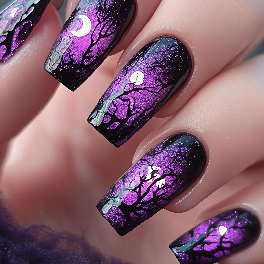 Artificial nails with Mystical Moon and Tree Design Bowlift