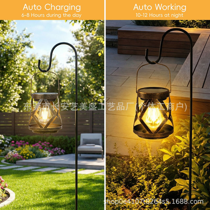 Portable Antique-Style Solar LED Lantern Pair With Built-In Solar Panel Hanging Handle And Weatherproof Metal Lattice Frame Bowlift