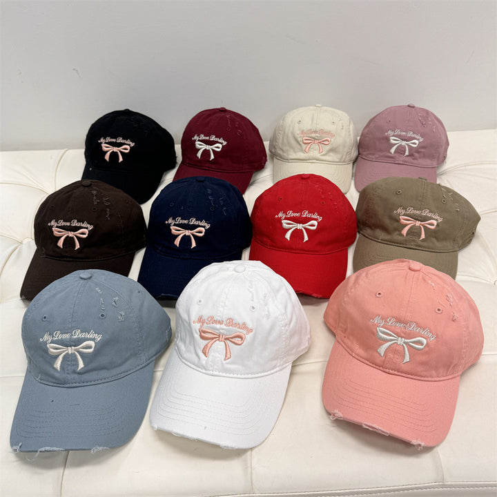 Women's Distressed Cotton Baseball Cap with Bow Embroidery Bowlift