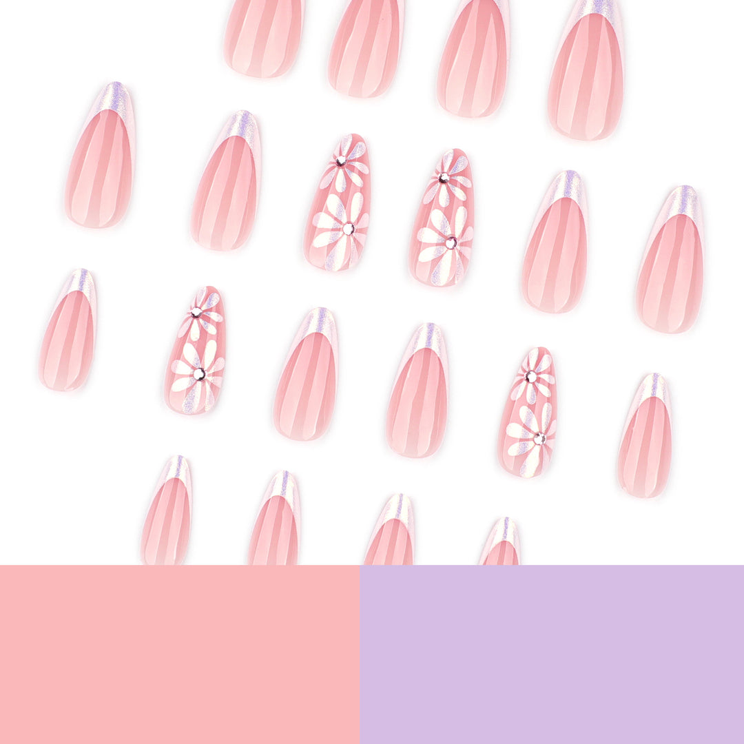 Elegant artificial nails with floral design and glitter embellishments Bowlift