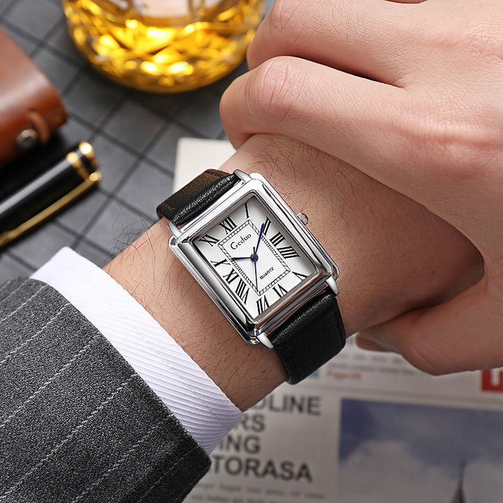 Rectangular Vintage Roman Dial Leather Dress Watch Bowlift