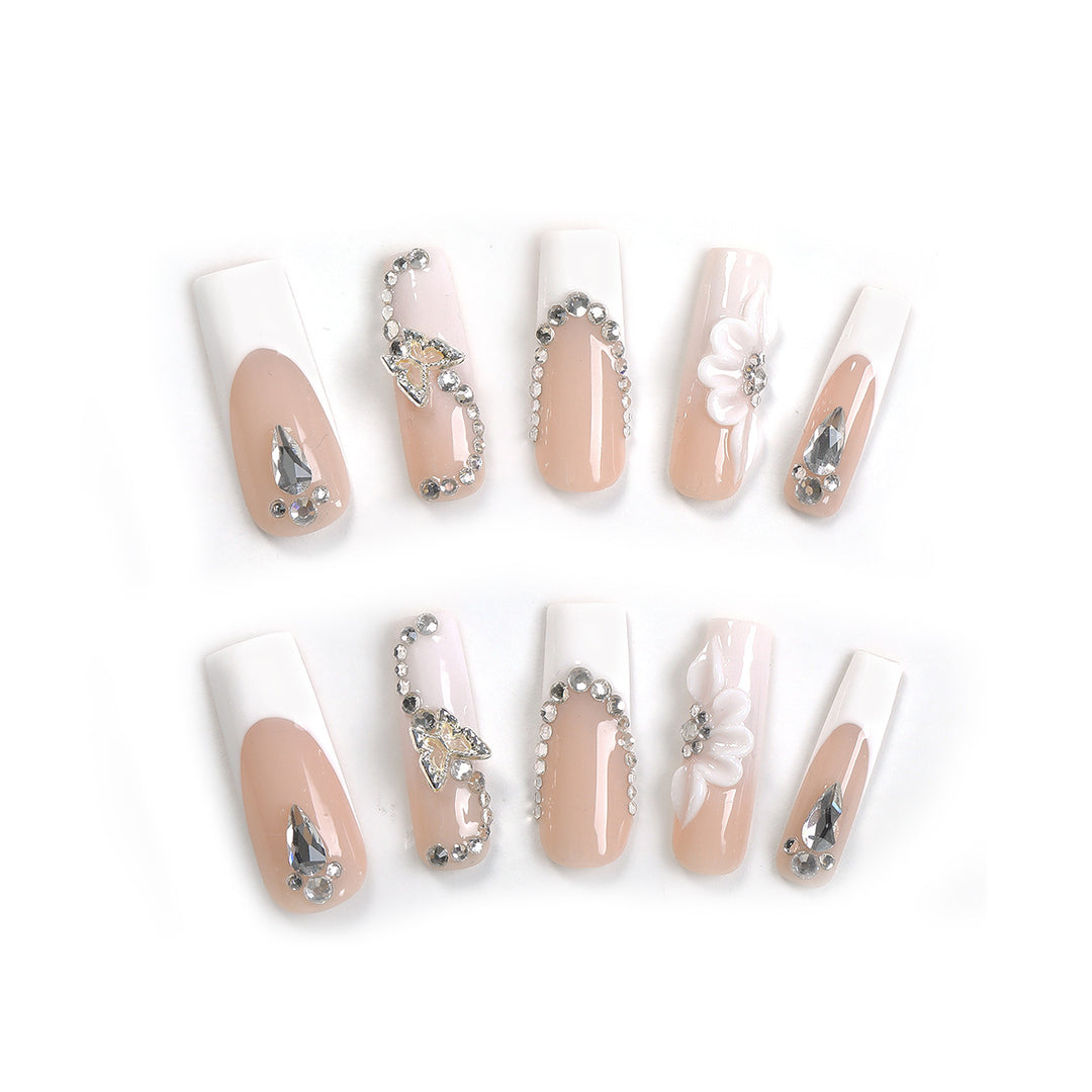 Artificial nail set with elegant glitter and flower motifs Bowlift