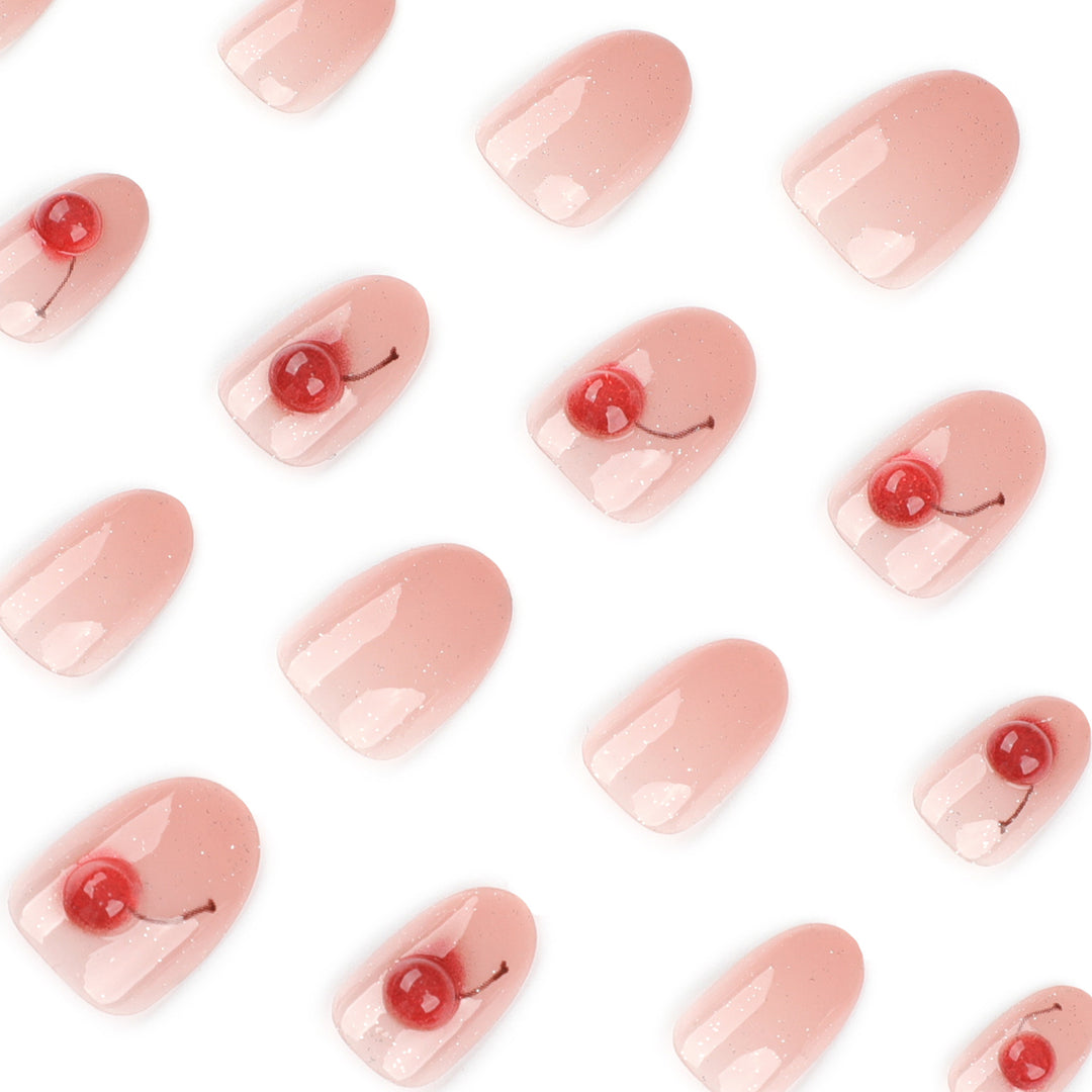 Elegant artificial nails with glitter and cherry motif Bowlift