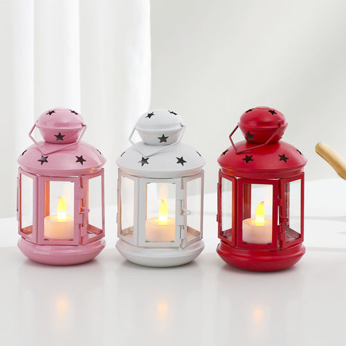 Decorative Star-Cut Glass Panel Metal Tea Light Lantern Bowlift