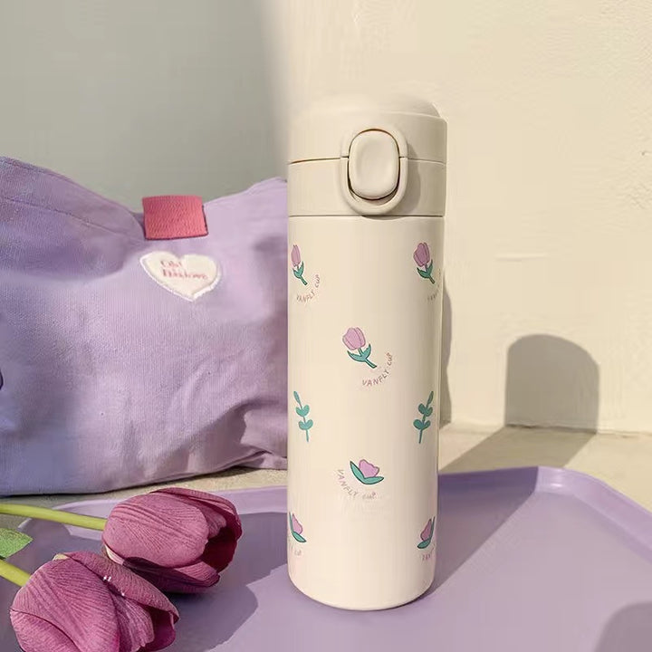 Ladies Insulated Drinking Bottle with Functional Lid and Creative Floral Design Bowlift