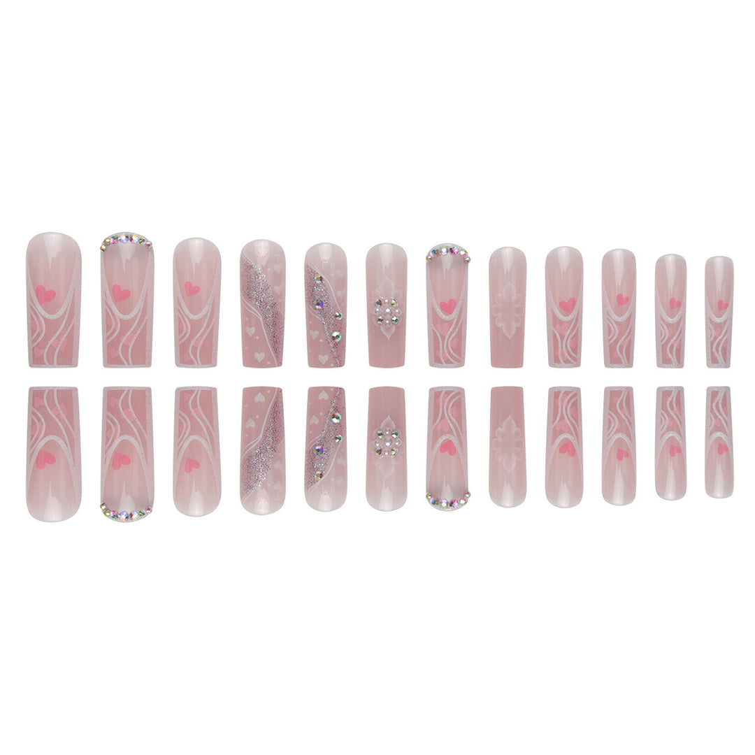 Decorative Press-On Nail Set with Heart and Gem Accents Bowlift