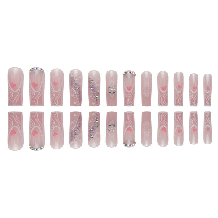 Decorative Press-On Nail Set with Heart and Gem Accents Bowlift