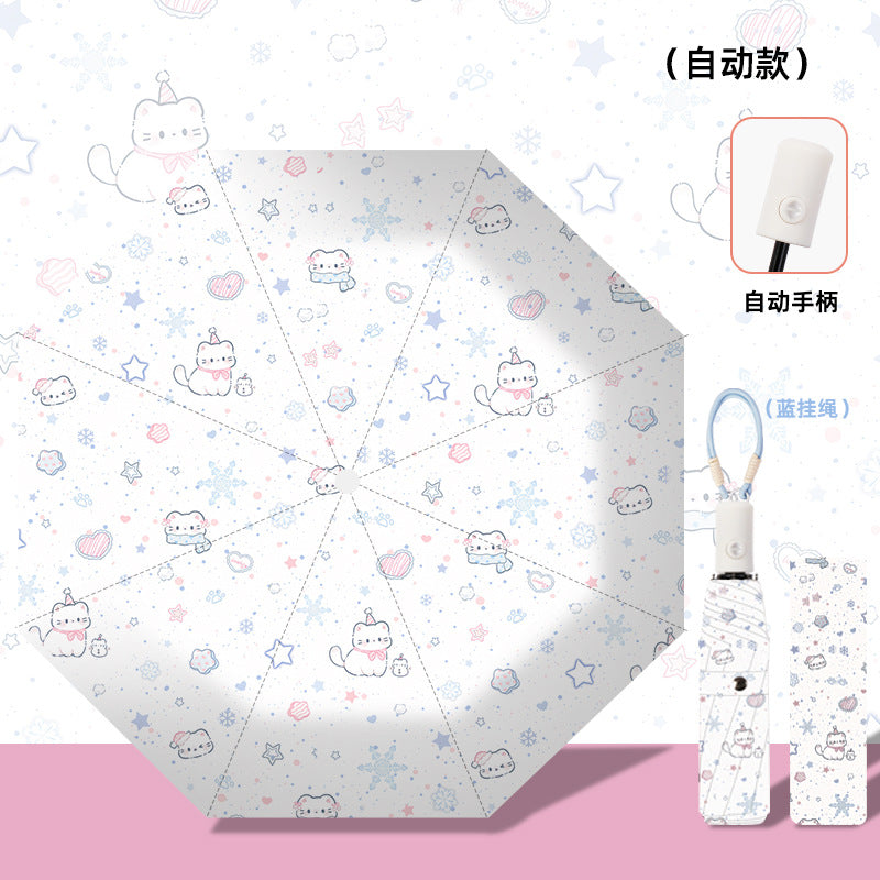 Women's folding umbrella with automatic opening mechanism and playfully themed design Bowlift