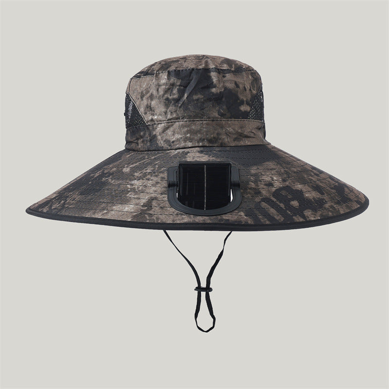 Wide-brimmed outdoor sun hat with solar-powered micro fan, breathable mesh and adjustable chin strap Bowlift