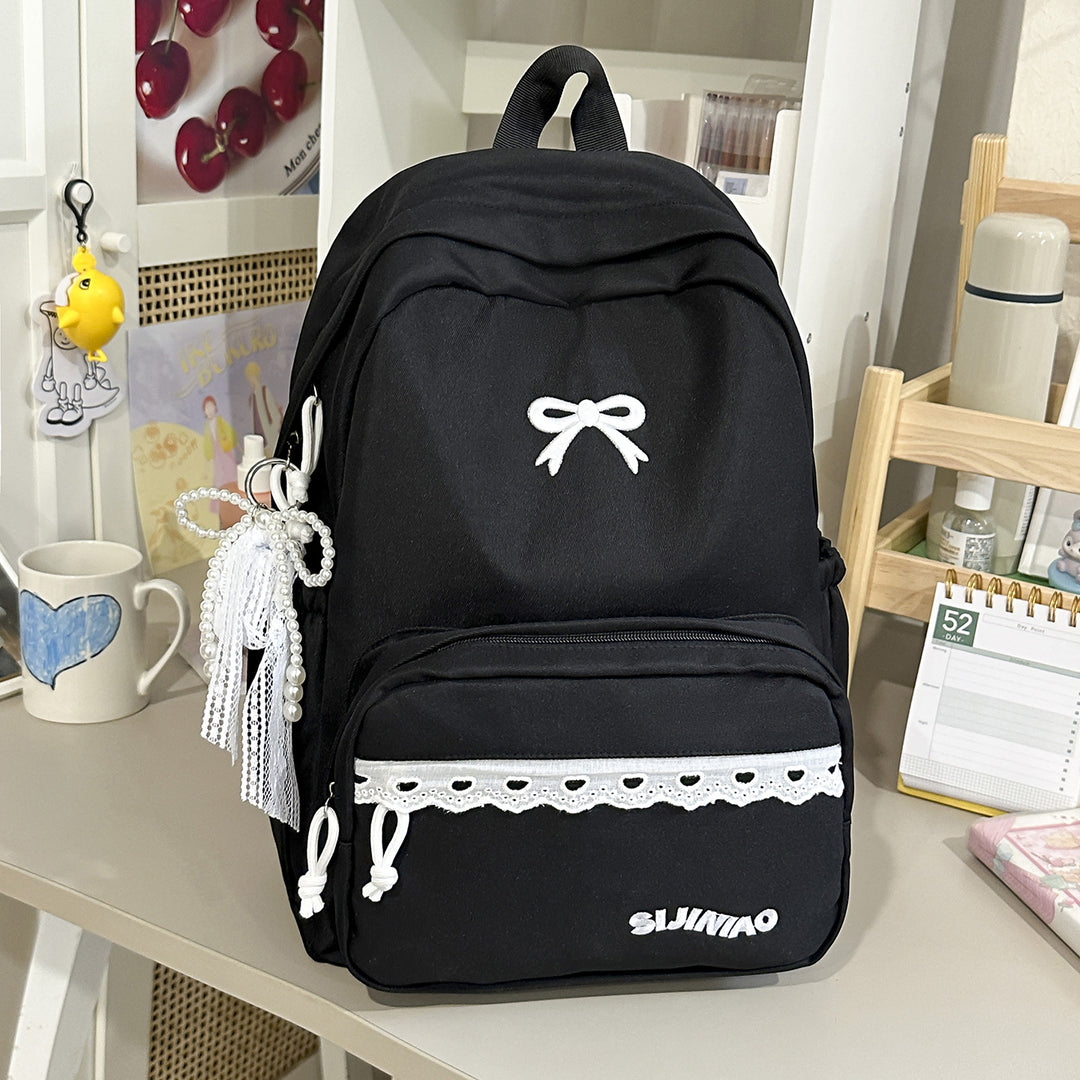 Cute Bow-Embellished Multi-Pocket School Backpack