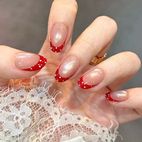 Elegant French Tip Press-On Nail Set with Dotted Accents Bowlift