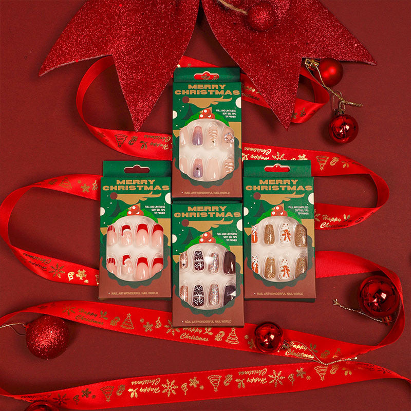 Artificial nail extensions in festive Christmas design Bowlift