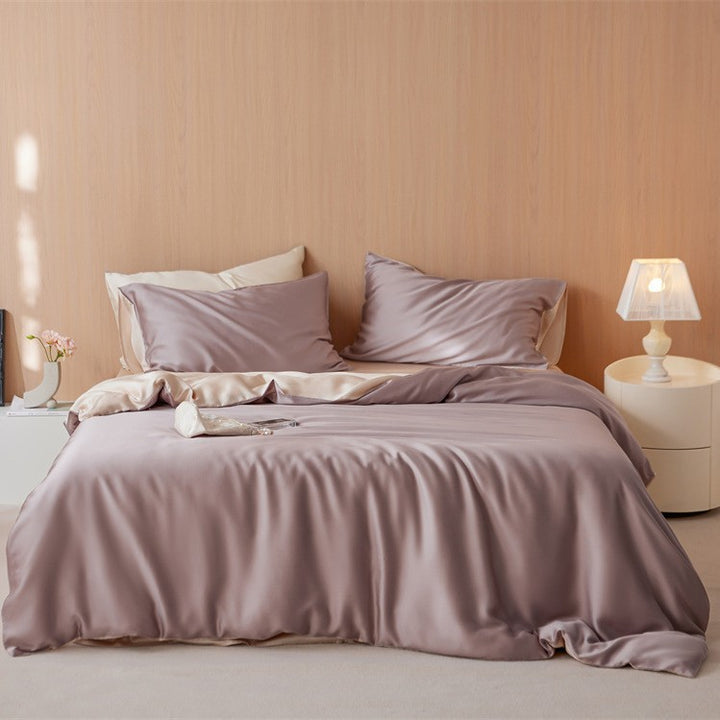 Luxurious cotton satin bedding set with a silky-matte feel, reversible function, and fine piping