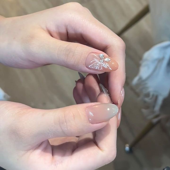 Elegant Press-On Nail Art Set with Floral and Gemstone Accents Bowlift