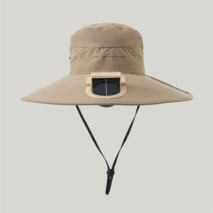 wide-brimmed outdoor sun hat with solar module, quiet mini fan, and adjustable chin strap Bowlift