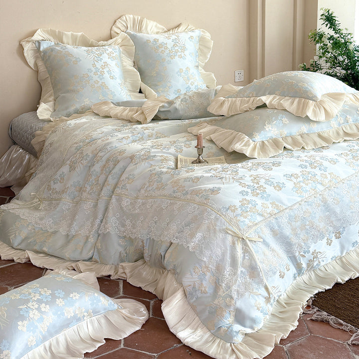 Luxury Floral Jacquard Ruffled Duvet Cover Bed Linen Set