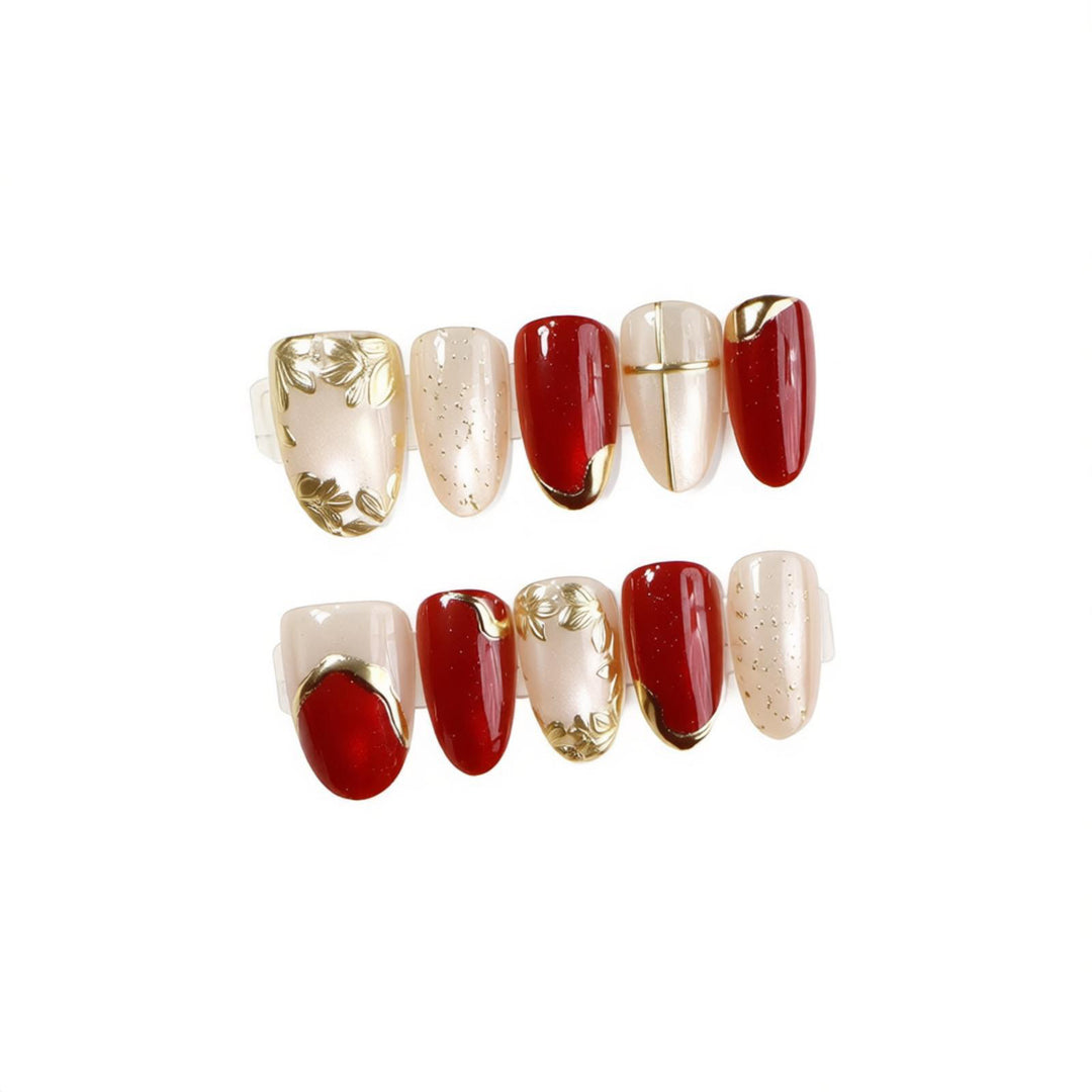 Decorative Press-On Nail Set with Elegant Golden Accents Bowlift
