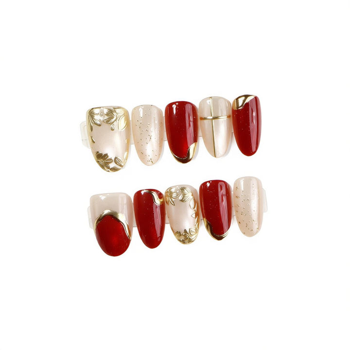 Decorative Press-On Nail Set with Elegant Golden Accents Bowlift
