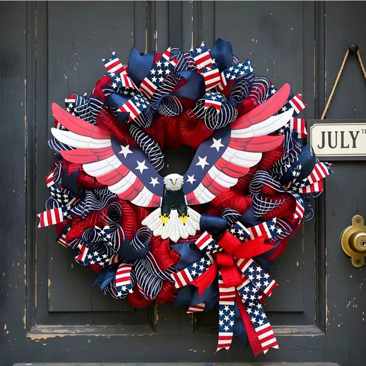 Unisex nan handcrafted Americana medallion wreath with layered deco mesh ribbons star motif bows and rustic sign Bowlift