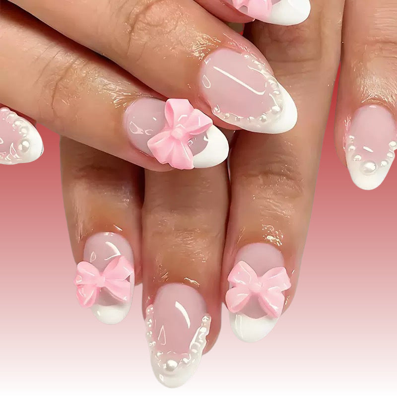 Elegant Artificial Nails with Bows and Pearl Design Bowlift