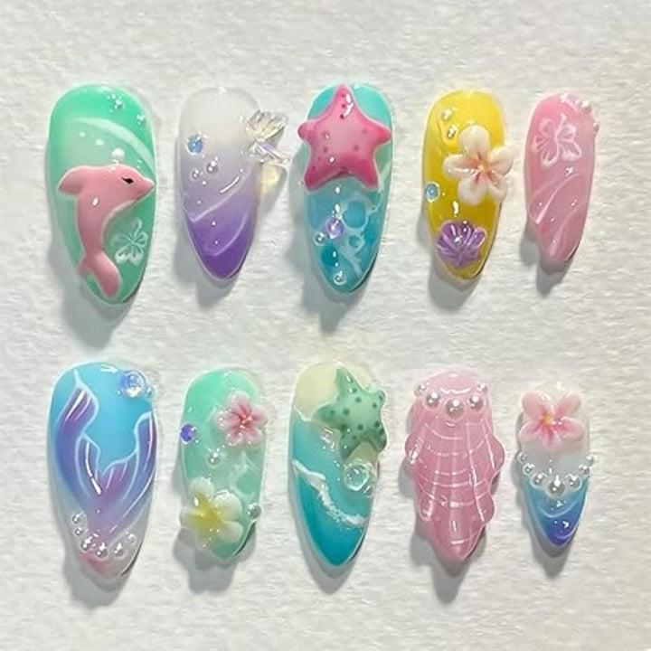 Artistic Ocean-Themed Press-On Nail Set Bowlift