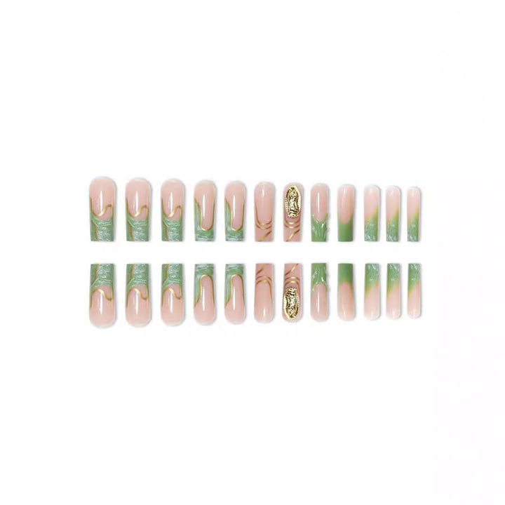 Artistic Press-On Nail Extensions with Gold Detailing Bowlift