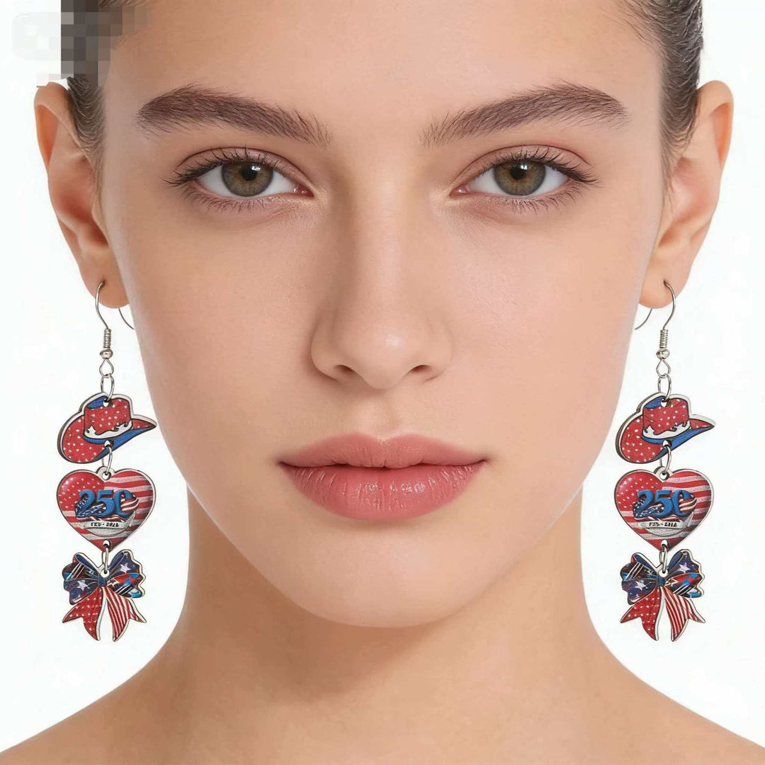 Women's nan patriotic triple-charm dangly novelty earrings with cowboy hat heart bow Bowlift