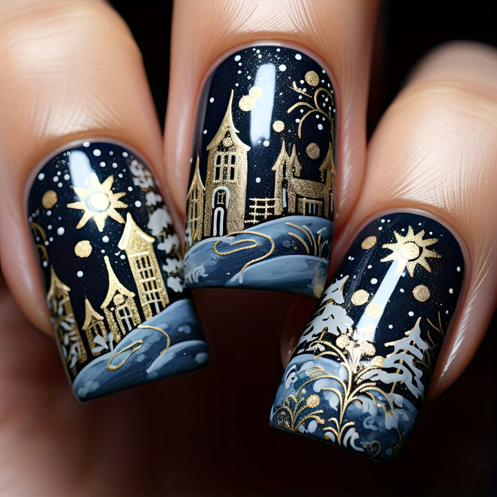 Artificial nails with festive winter landscape design Bowlift