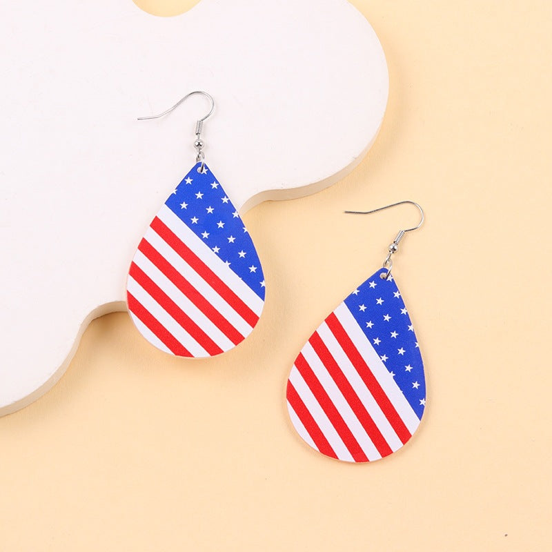 Women heart-shaped drop earrings with patriotic flag print and nickel-free hooks Bowlift