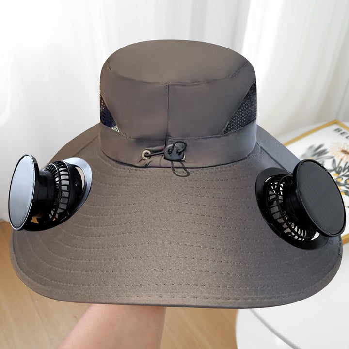 Wide sun hat with integrated solar fans breathable mesh adjustable chin strap Bowlift