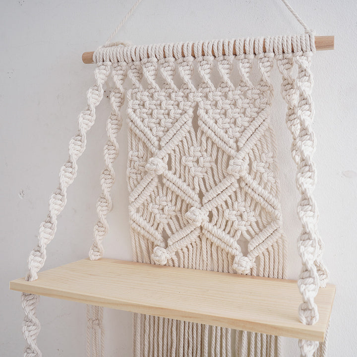 Macramé Wall Hanging Shelf with Decorative Knot Design Bowlift