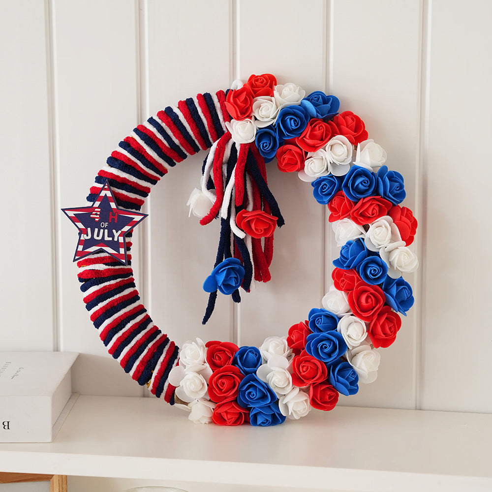 Unisex nan festive door and wall wreath made of foam roses and wrapped textile ribbon Bowlift