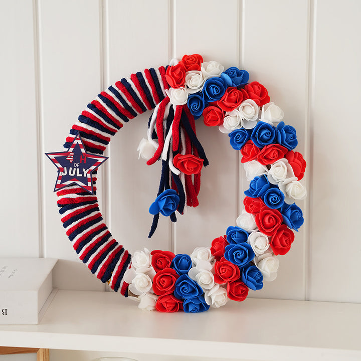 Unisex nan festive door and wall wreath made of foam roses and wrapped textile ribbon Bowlift