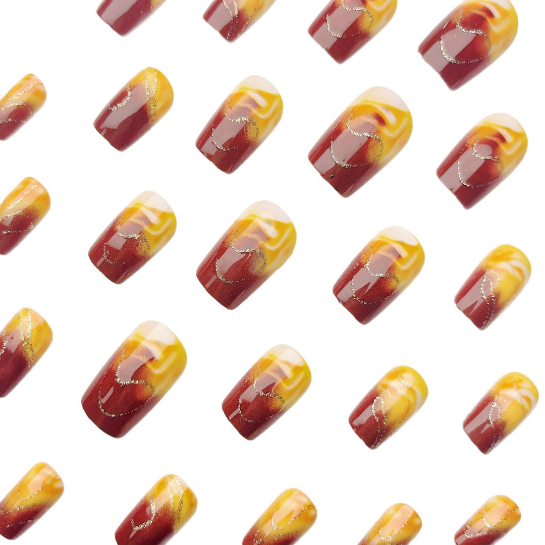 Artificial Nail Set with Marbled Design and Gold Accents Bowlift