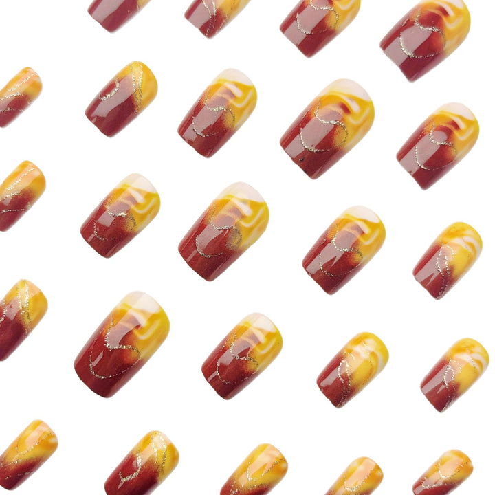 Artificial Nail Set with Marbled Design and Gold Accents Bowlift