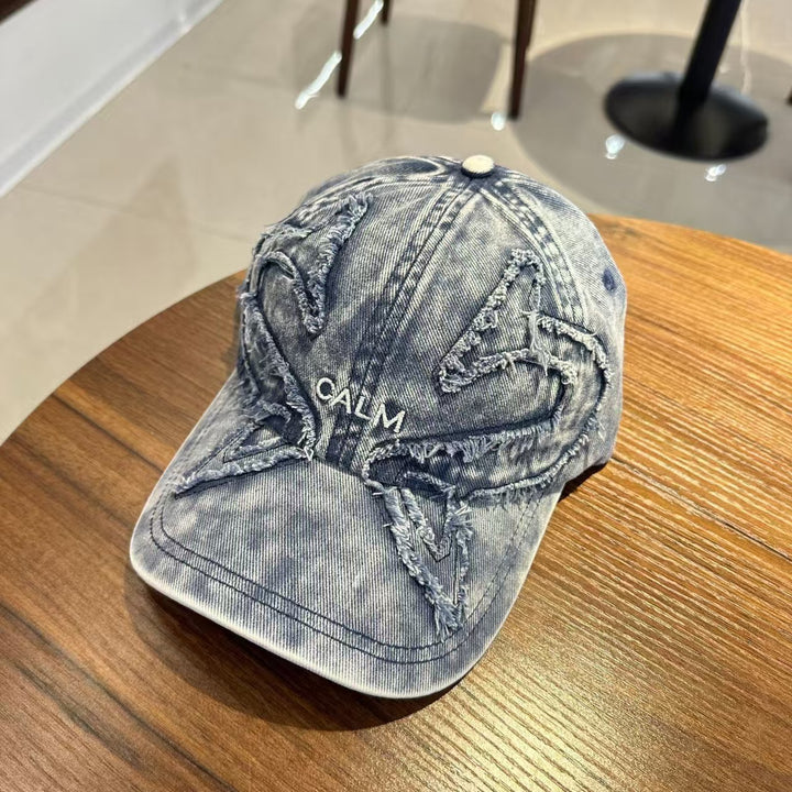 Unisex Distressed Denim Embroidered Cap Bowlift