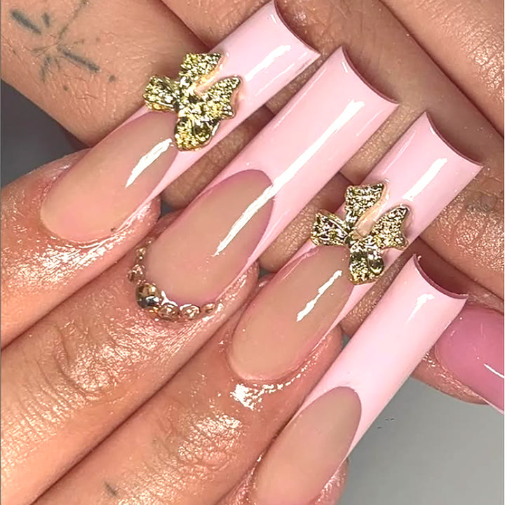 Elegant Stiletto Press-On Nails with Gold Floral Accents Bowlift