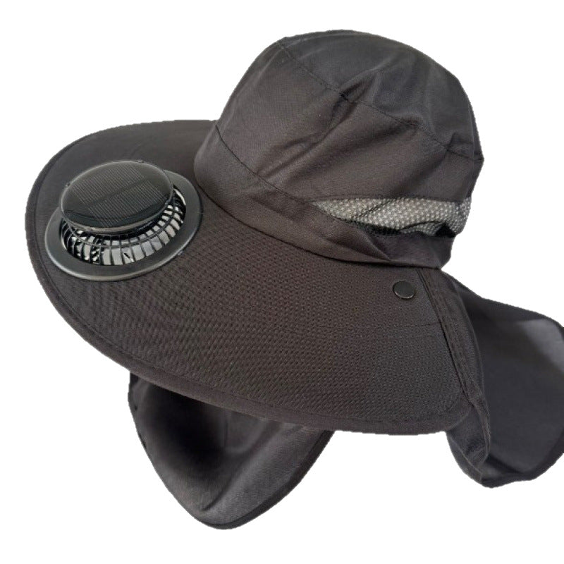 Non-ventilated sun hat with removable fan, neck protection, and adjustable chin strap Bowlift