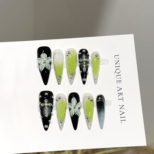 Artistic Floral and Gemstone Press-On Nail Set