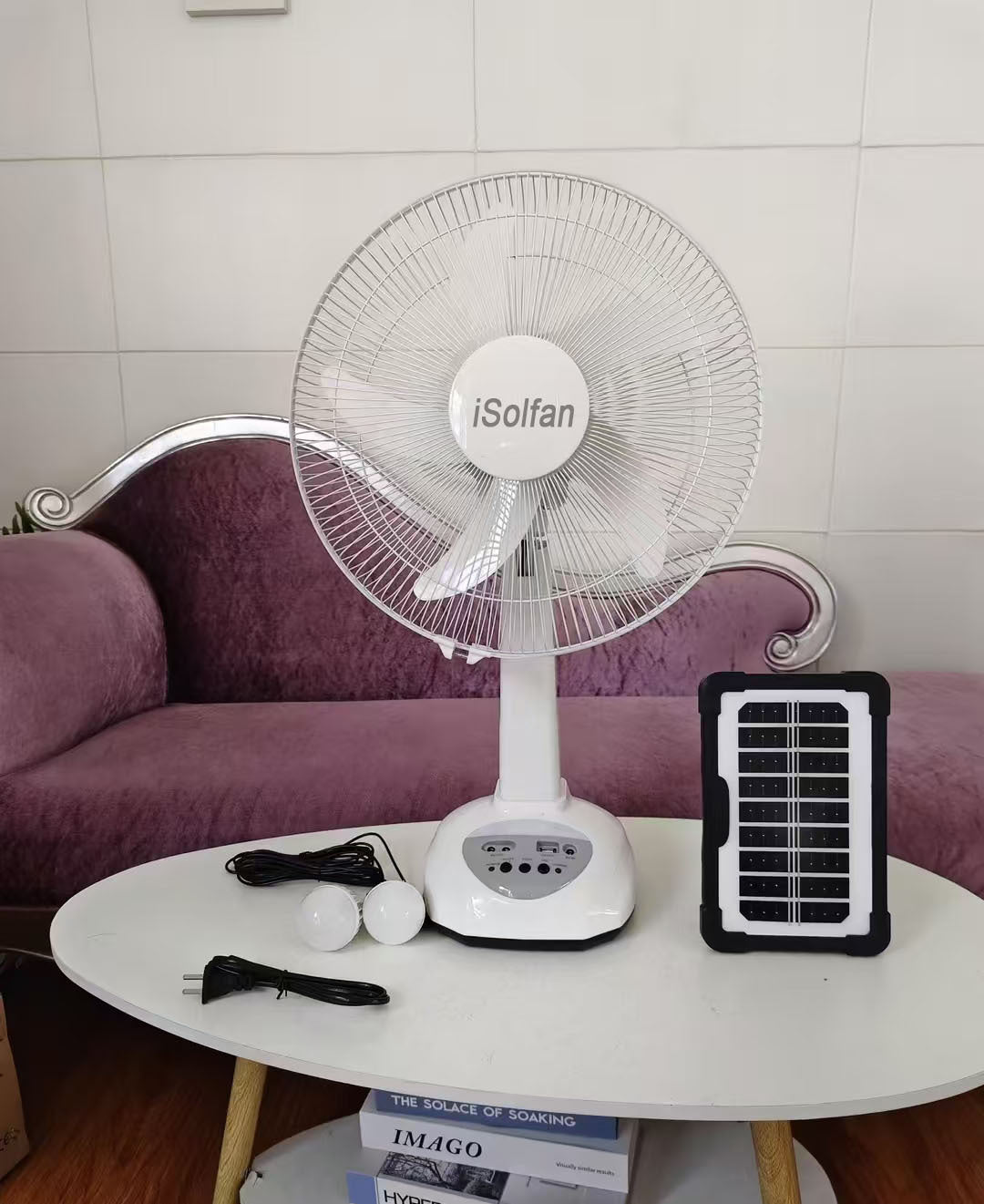 Women's solar-powered pedestal fan with integrated LED lighting and flexible control system Bowlift